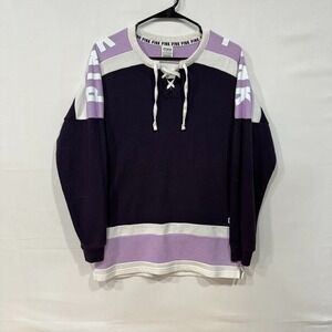 PINK Victoria's Secret Lace‎ Up Pullover XS Purple Black Colorblock Varsity